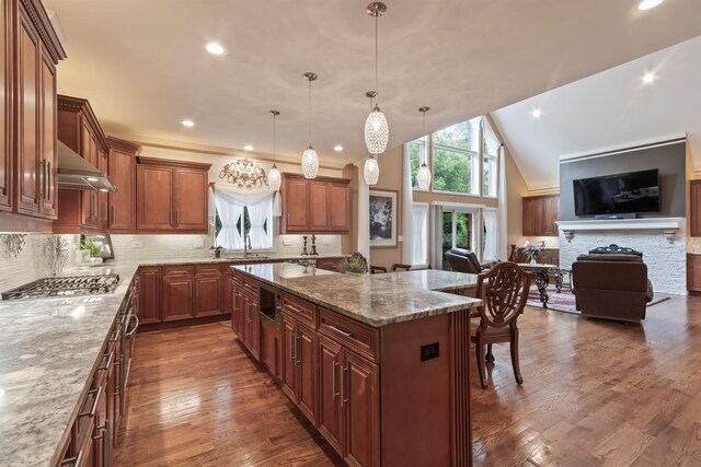 5419 Rita Ave, Crystal Lake, IL 60014 - kitchen with open floor plan, stainless steel appliances, tasteful backsplash, exhaust hood, and light stone counters