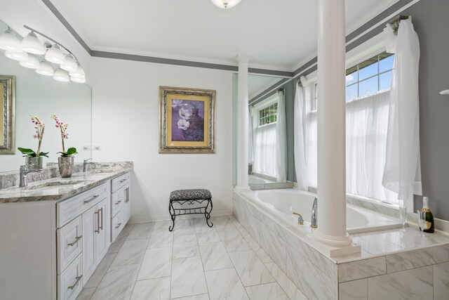 5419 Rita Ave, Crystal Lake, IL 60014 - bathroom featuring decorative columns, healthy amount of natural light, marble finish flooring, double vanity, and ornamental molding