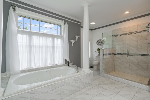 5419 Rita Ave, Crystal Lake, IL 60014 - full bath with toilet, decorative columns, crown molding, a stall shower, and a garden tub