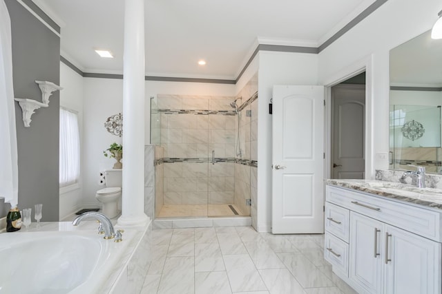 5419 Rita Ave, Crystal Lake, IL 60014 - bathroom with toilet, crown molding, a shower stall, a garden tub, and vanity