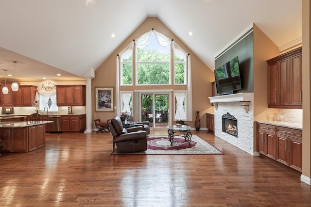 5419 Rita Ave, Crystal Lake, IL 60014 - living area with high vaulted ceiling, a stone fireplace, dark wood-type flooring, and ornate columns