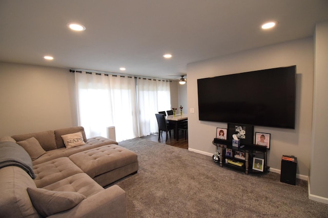 378 Wilmington Dr Unit B1, Bartlett, IL 60103 - living room featuring dark carpet, recessed lighting, baseboards, and a ceiling fan