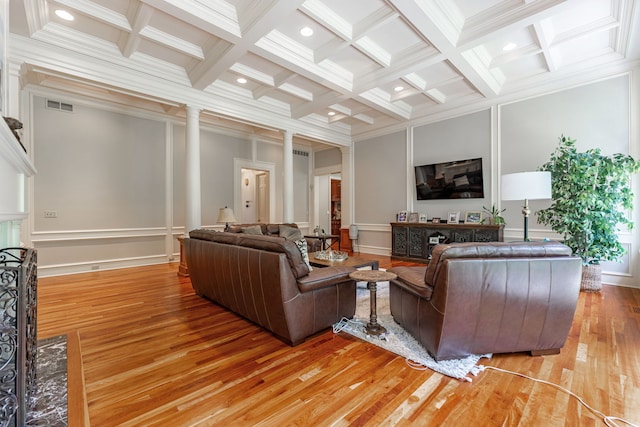 9430 Reserve Dr, Caledonia, IL 61011 - living room with light wood-style floors, ornate columns, beam ceiling, coffered ceiling, and a decorative wall