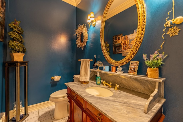 9430 Reserve Dr, Caledonia, IL 61011 - half bath featuring marble finish flooring, toilet, crown molding, vanity, and baseboards