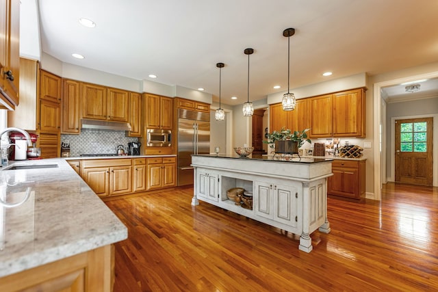 9430 Reserve Dr, Caledonia, IL 61011 - kitchen with a sink, built in appliances, under cabinet range hood, wood finished floors, and recessed lighting