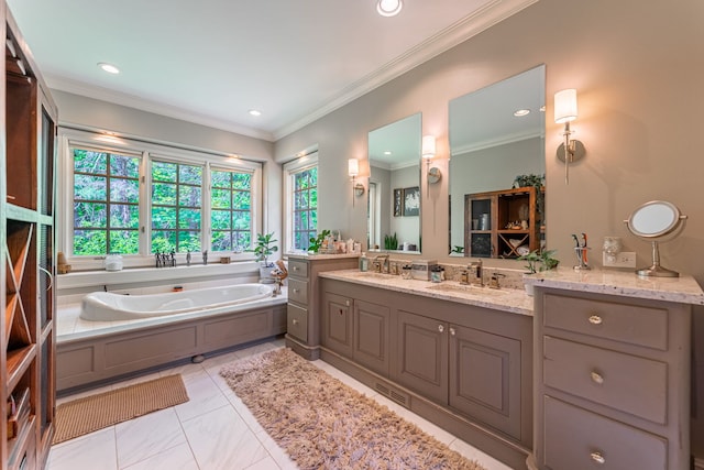9430 Reserve Dr, Caledonia, IL 61011 - full bathroom with a garden tub, recessed lighting, double vanity, and crown molding