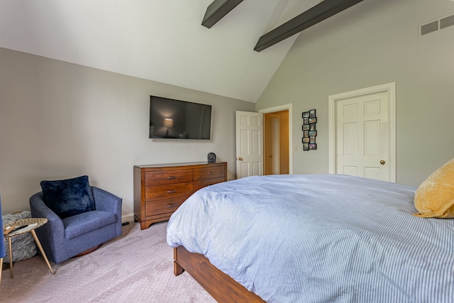9430 Reserve Dr, Caledonia, IL 61011 - bedroom with light colored carpet, beamed ceiling, high vaulted ceiling, and baseboards