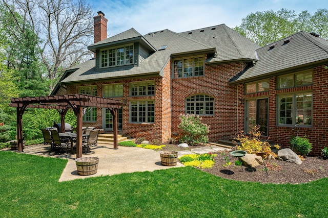 9430 Reserve Dr, Caledonia, IL 61011 - rear view of property featuring a pergola, a chimney, brick siding, a patio, and a lawn