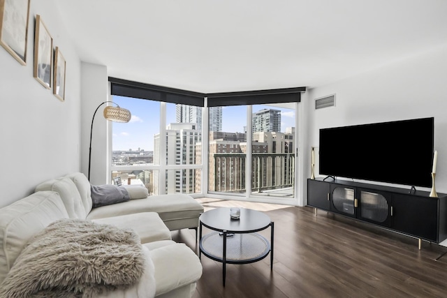living area featuring floor to ceiling windows and wood finished floors