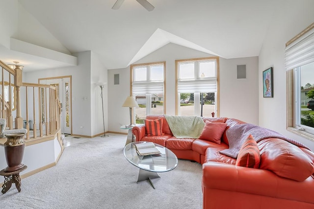 1372 Pheasant Chase Cir, Beecher, IL 60401 - carpeted living room with lofted ceiling, a ceiling fan, and stairs