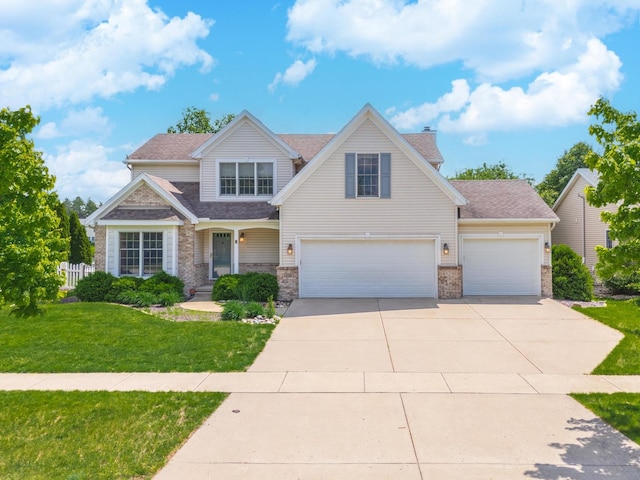 view of front of property featuring concrete driveway, a front yard, brick siding, an attached garage, and a shingled roof