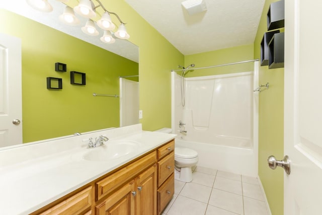 full bathroom featuring toilet, tile patterned flooring, vanity, shower / bath combination, and a textured ceiling