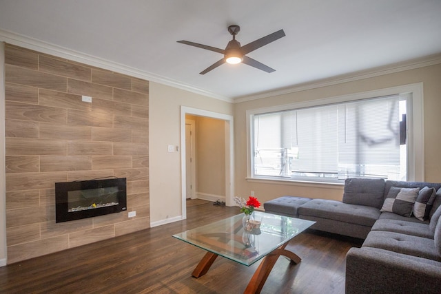 9226 S Ellis Ave, Chicago, IL 60619 - living room featuring ceiling fan, wood finished floors, crown molding, baseboards, and a tiled fireplace