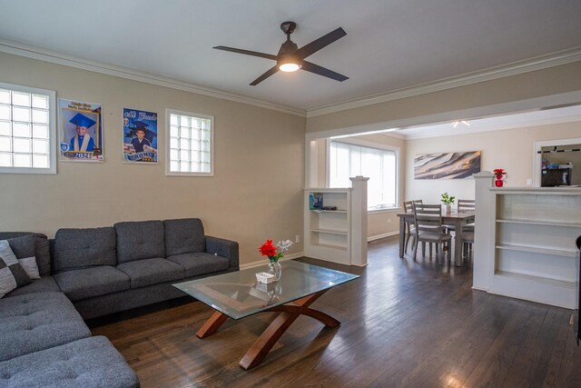 9226 S Ellis Ave, Chicago, IL 60619 - living area featuring ornamental molding, a ceiling fan, dark wood-style floors, and baseboards