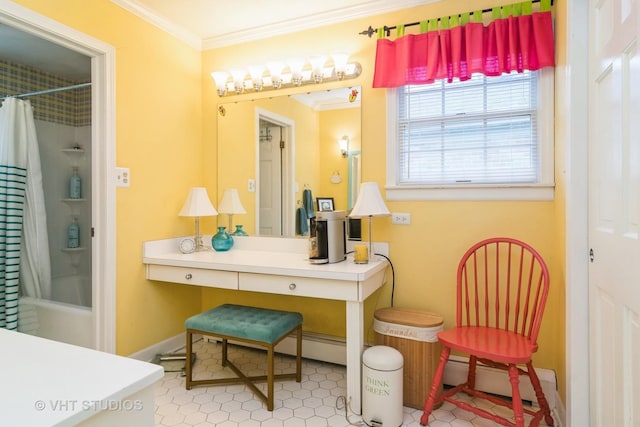 401 S Carlyle Pl, Arlington Heights, IL 60004 - bathroom featuring ornamental molding, vanity, shower / bath combination with curtain, a baseboard radiator, and baseboards