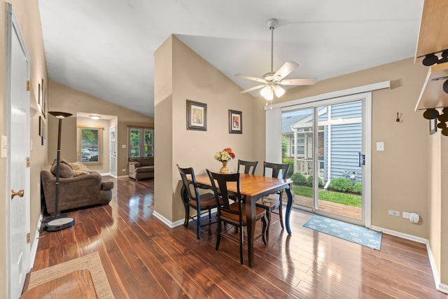 1592 Lighthouse Dr, Naperville, IL 60565 - dining room featuring wood finished floors, lofted ceiling, baseboards, and a ceiling fan