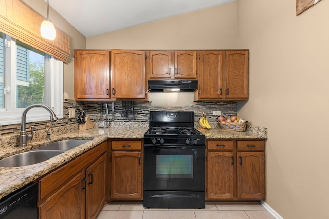 1592 Lighthouse Dr, Naperville, IL 60565 - kitchen with black appliances, under cabinet range hood, a sink, vaulted ceiling, and tasteful backsplash