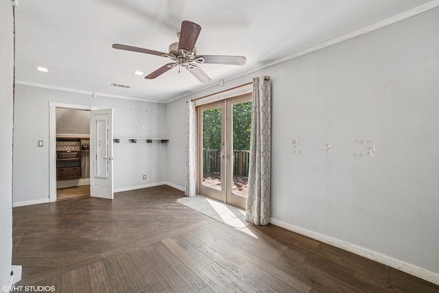 827 Lewis St, Dekalb, IL 60115 - empty room featuring french doors, baseboards, ornamental molding, hardwood / wood-style floors, and a ceiling fan