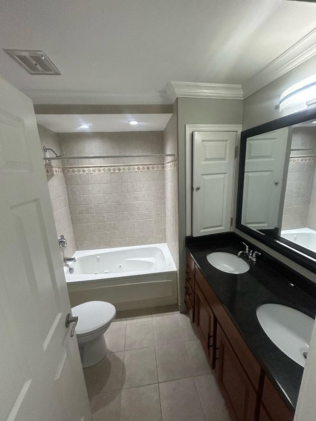 6135 W 94th St Unit C6, Oak Lawn, IL 60453 - full bathroom featuring ornamental molding, tile patterned flooring, a combined bath / shower with jetted tub, toilet, and double vanity