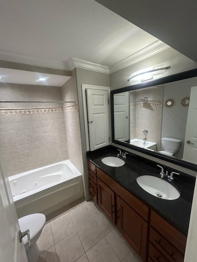 6135 W 94th St Unit C6, Oak Lawn, IL 60453 - bathroom featuring toilet, ornamental molding, tile patterned flooring, a combined bath / shower with jetted tub, and double vanity