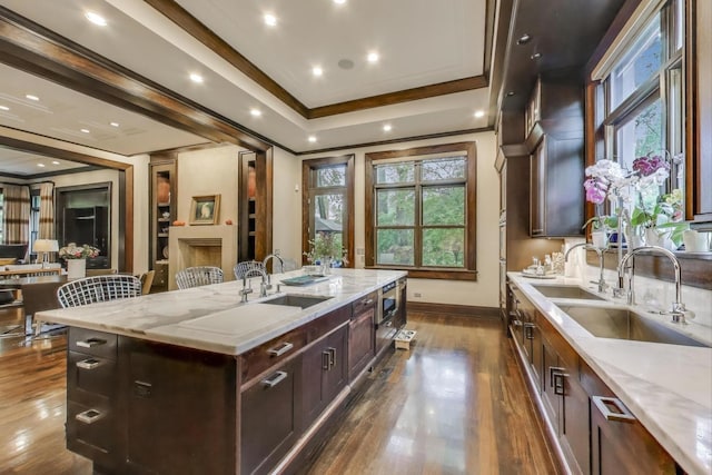 6535 N Tower Circle Dr, Lincolnwood, IL 60712 - kitchen featuring a sink, crown molding, dark wood finished floors, and healthy amount of natural light