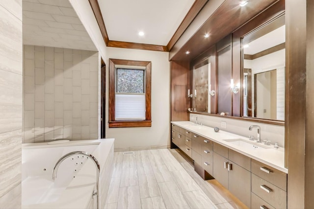 6535 N Tower Circle Dr, Lincolnwood, IL 60712 - full bath featuring double vanity, a tub with jets, baseboards, and crown molding