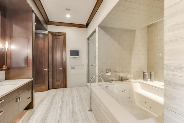 6535 N Tower Circle Dr, Lincolnwood, IL 60712 - full bath featuring vanity, a jetted tub, a shower stall, and recessed lighting