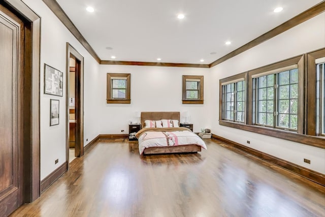 6535 N Tower Circle Dr, Lincolnwood, IL 60712 - bedroom featuring baseboards, wood finished floors, crown molding, and recessed lighting