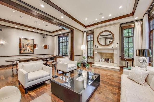 6535 N Tower Circle Dr, Lincolnwood, IL 60712 - living room featuring a raised ceiling, crown molding, a fireplace with raised hearth, and wood finished floors
