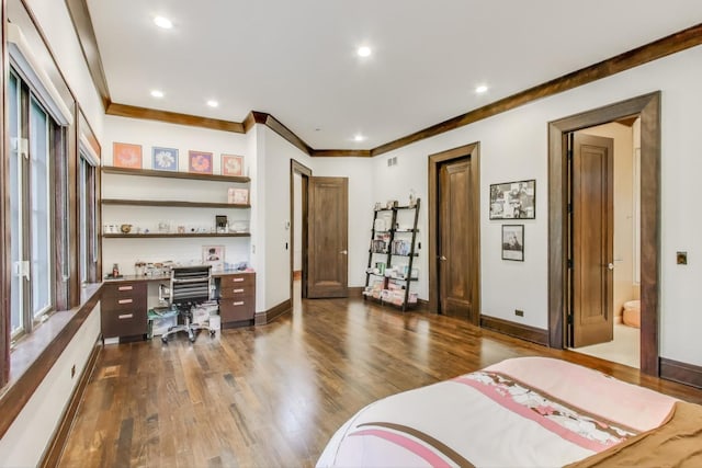 6535 N Tower Circle Dr, Lincolnwood, IL 60712 - bedroom with dark wood-type flooring, crown molding, recessed lighting, and baseboards