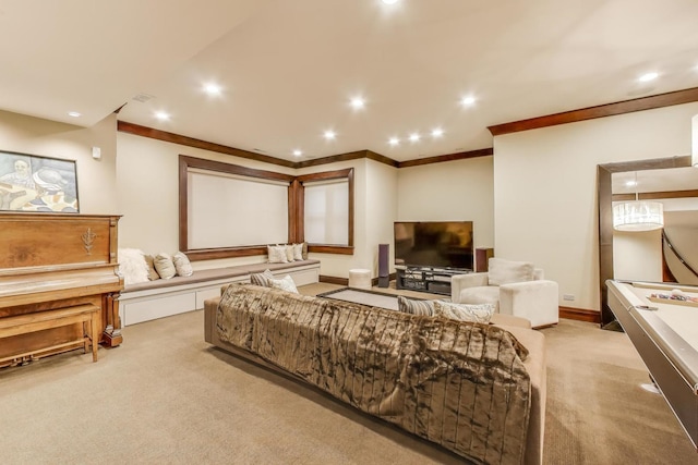 6535 N Tower Circle Dr, Lincolnwood, IL 60712 - living room featuring light carpet, recessed lighting, and ornamental molding