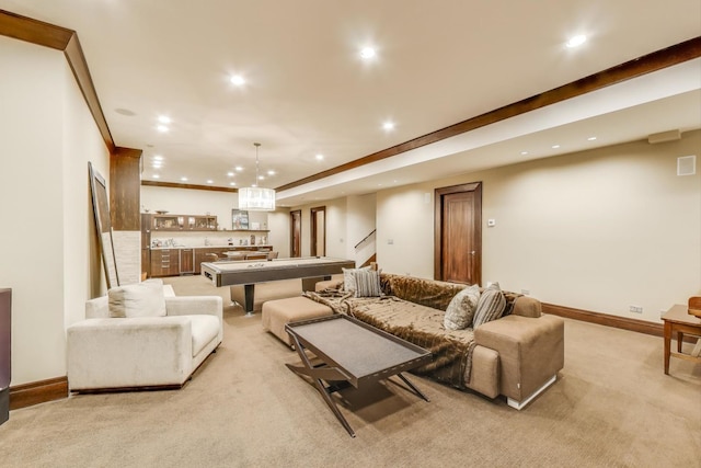 6535 N Tower Circle Dr, Lincolnwood, IL 60712 - living area featuring light colored carpet, recessed lighting, baseboards, and stairs