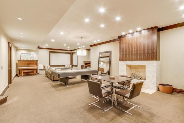 6535 N Tower Circle Dr, Lincolnwood, IL 60712 - recreation room featuring light colored carpet, ornamental molding, recessed lighting, a fireplace with flush hearth, and baseboards