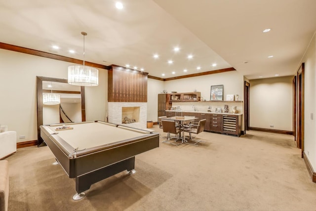 6535 N Tower Circle Dr, Lincolnwood, IL 60712 - rec room featuring wine cooler, light carpet, recessed lighting, a multi sided fireplace, and baseboards