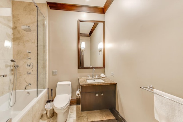 6535 N Tower Circle Dr, Lincolnwood, IL 60712 - bathroom featuring toilet, tiled shower / bath, vanity, baseboards, and crown molding