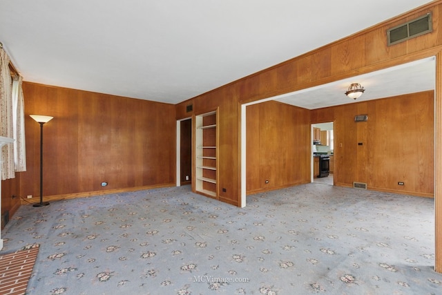 carpeted spare room with wood walls and baseboards