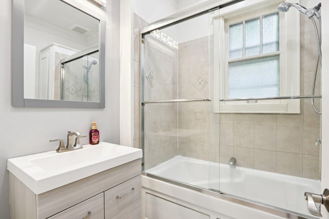 38 Highview Ave, Fox Lake, IL 60020 - bathroom featuring bath / shower combo with glass door, vanity, and ornamental molding