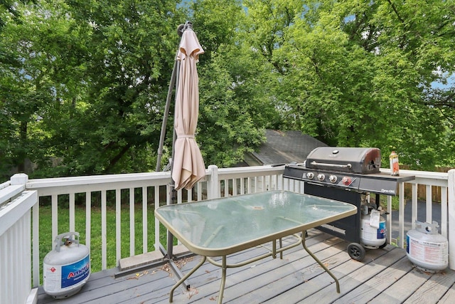 38 Highview Ave, Fox Lake, IL 60020 - wooden terrace featuring a grill, outdoor dining area, and view of wooded area
