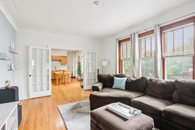 38 Highview Ave, Fox Lake, IL 60020 - living room featuring a textured ceiling, light wood-style floors, french doors, and crown molding