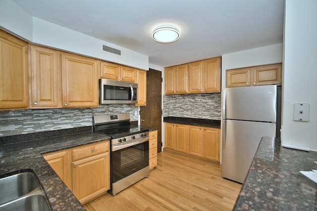 6007 N Sheridan Rd Unit 25F, Chicago, IL 60660 - kitchen featuring appliances with stainless steel finishes, light wood-style flooring, decorative backsplash, dark stone counters, and a sink