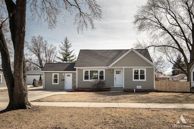 view of front of house with fence and roof with shingles