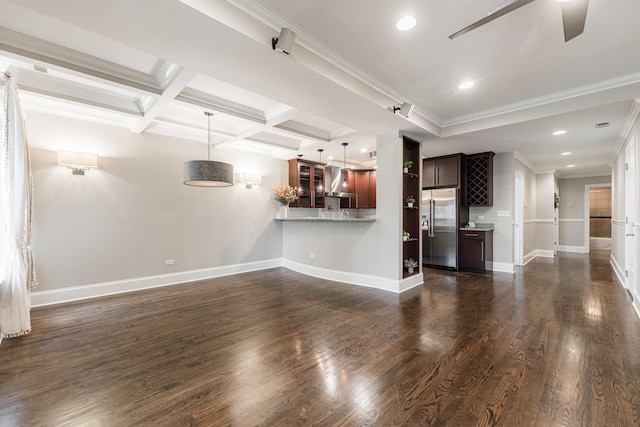 6337 N Magnolia Ave Unit 2, Chicago, IL 60660 - unfurnished living room with dark wood-style floors, beam ceiling, crown molding, ceiling fan, and recessed lighting