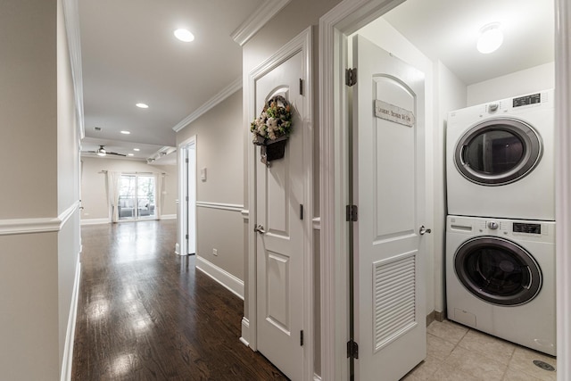 6337 N Magnolia Ave Unit 2, Chicago, IL 60660 - laundry area featuring estacked washer and dryer, ornamental molding, recessed lighting, a ceiling fan, and wood finished floors