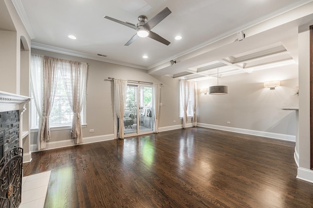 6337 N Magnolia Ave Unit 2, Chicago, IL 60660 - unfurnished living room with a fireplace, ceiling fan, crown molding, wood finished floors, and recessed lighting