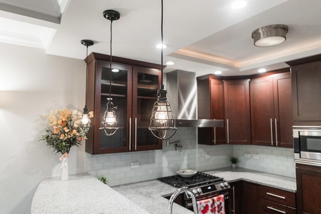 6337 N Magnolia Ave Unit 2, Chicago, IL 60660 - kitchen with wall chimney exhaust hood, stainless steel appliances, backsplash, recessed lighting, and glass insert cabinets