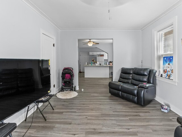 112 Webb St, Calumet City, IL 60409 - living room with a ceiling fan, crown molding, wood finished floors, and baseboards