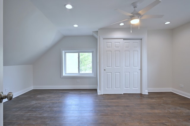 3001 N Neenah Ave, Chicago, IL 60634 - bonus room featuring ceiling fan, vaulted ceiling, baseboards, dark wood-style flooring, and recessed lighting