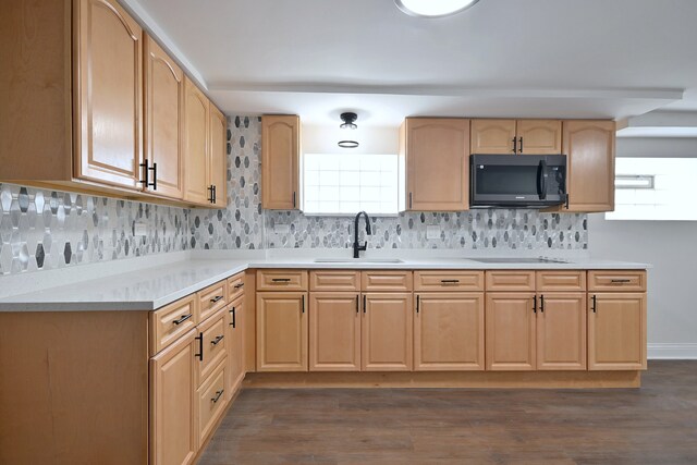 3001 N Neenah Ave, Chicago, IL 60634 - kitchen featuring a sink, light brown cabinetry, tasteful backsplash, and dark wood-style floors