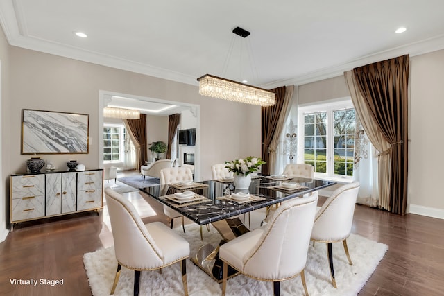 471 Stagecoach, Glen Ellyn, IL 60137 - dining area featuring ornamental molding, a chandelier, baseboards, recessed lighting, and dark wood-style floors