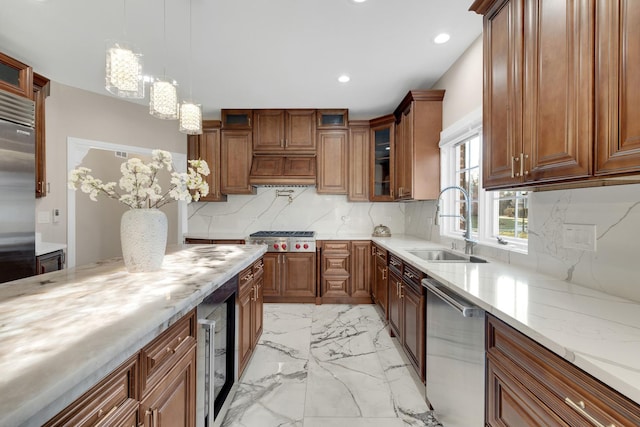 471 Stagecoach, Glen Ellyn, IL 60137 - kitchen featuring stainless steel appliances, a sink, light marble finish flooring, beverage cooler, and a chandelier